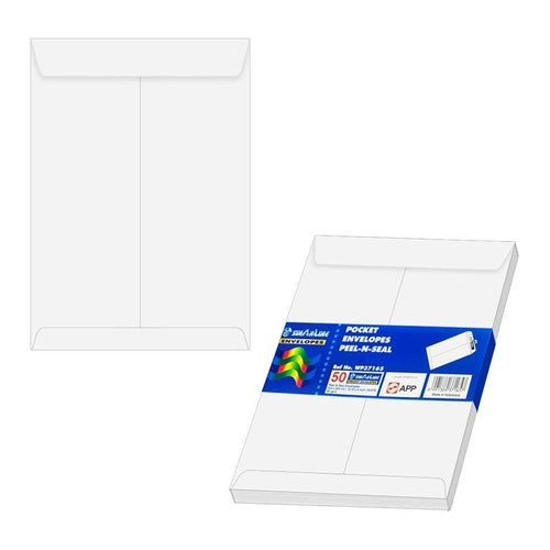SinarLine Pocket Envelopes, Peel-N-Seal, A4, White, Pack of 50