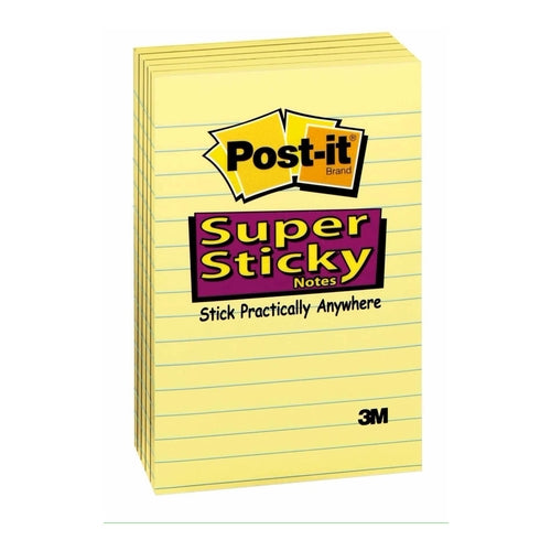 Post-it Super Sticky Notes 4"x6", Canary Yellow, Lined, 100 Sheets