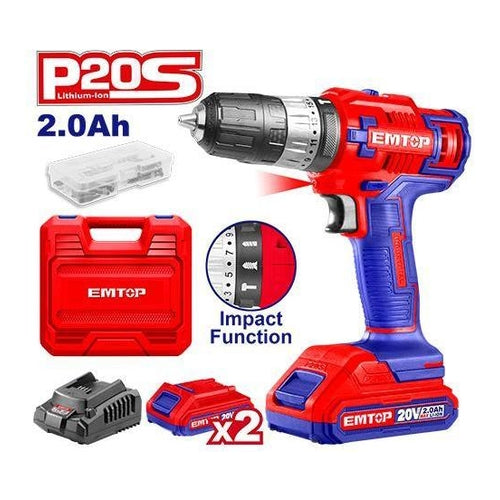 EMTOP P20S Cordless Impact Drill with 47Pcs Accessories, 2 Batteries (2.0Ah), 45NM Torque, ECIDL620012