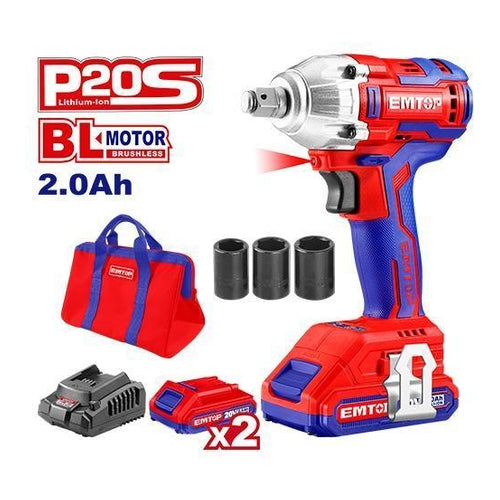 EMTOP P20S Brushless Impact Wrench, 2 Batteries (2.0Ah), 300NM Torque, ECDLIW20221