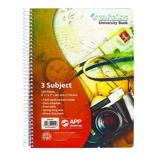 SinarLine Spiral NoteBook, 3 Sections, 120 Sheets, 9.5"x7" (242 x 178mm)