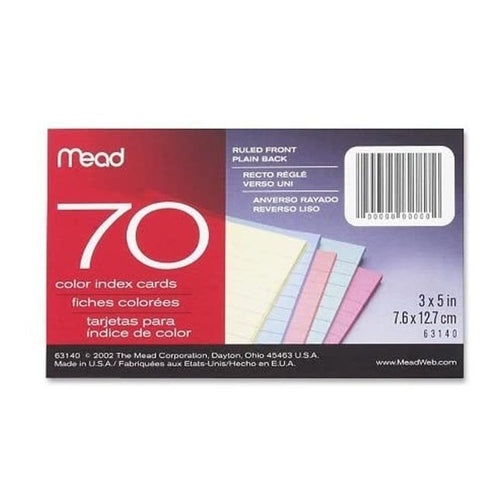 Mead Index Cards, Ruled, 7.6x12.7cm, Colored, Pack of 70