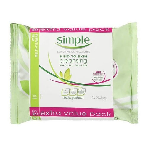 Simple Kind To Skin Cleansing Facial Wet Wipes, 50 Wipes, Pack of 2