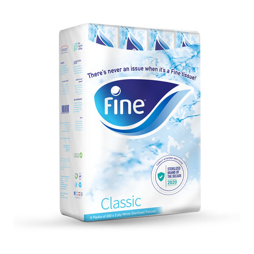 Fine Classic Facial Tissues, 200 Sheets x2 Ply, Pack of 8