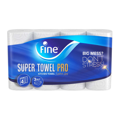 Fine Super Towel Pro Kitchen Paper Towels, 3Ply, Pack of 4 Rolls