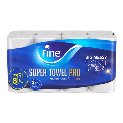 Fine Super Towel Pro Kitchen Paper Towels, 3Ply, Pack of 8 Rolls