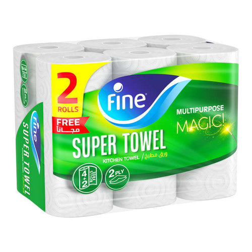 Fine Super Towel Kitchen Paper Towels, 2Ply, Pack of 6 Rolls
