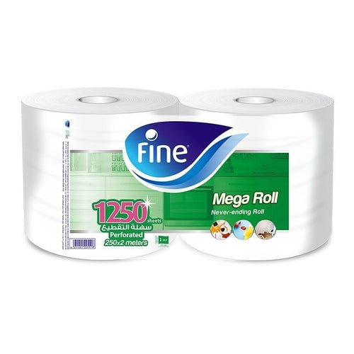 Fine Mega Roll Kitchen Paper Towels, 250m (1250 Sheets) x 1Ply, Pack of 2 Rolls