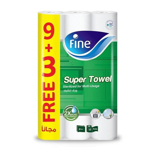 Fine Super Towel Kitchen Paper Towels, 2Ply, Pack of 9+3 Rolls