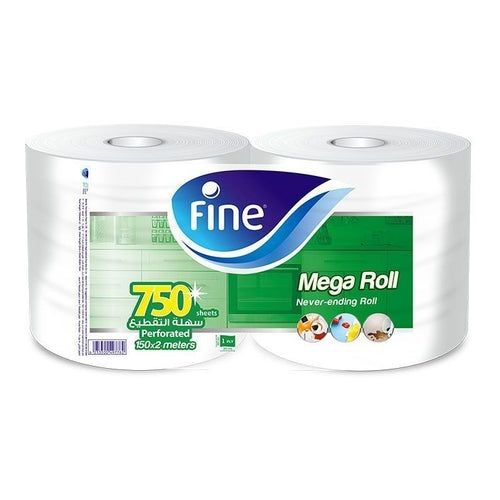 Fine Mega Roll Kitchen Paper Towels, 150m (750 Sheets) x 1 Ply, Pack of 2 Rolls