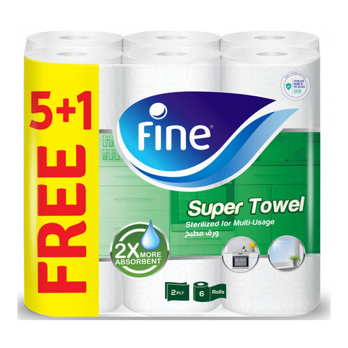 Fine Super Towel Kitchen Paper Towels, 2Ply, Pack of 6 Rolls