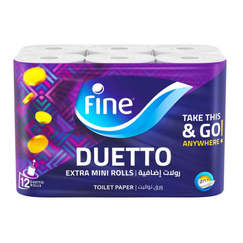 Fine Duetto Extra Mini Rolls Toilet Papers, 2Ply, Pack of 12 Rolls