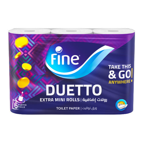Fine Duetto Extra Mini Rolls Toilet Papers, 2Ply, Pack of 6 Rolls