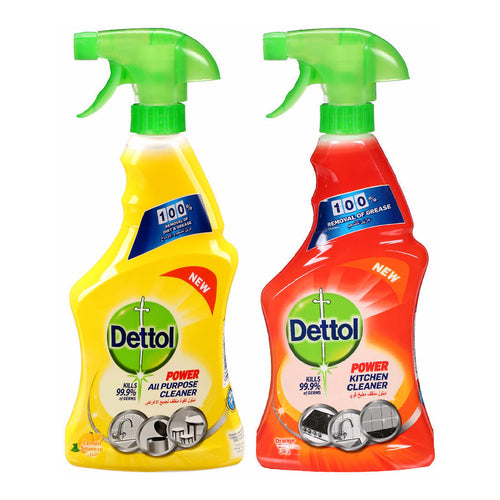 Dettol Antiseptic Spray, Lemon, 500ml + Kitchen Power Cleaner, Orange, 500ml