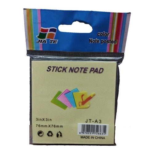 JIA TE Color Stick Note Pad, 3” x 3” (76 x 76mm)
