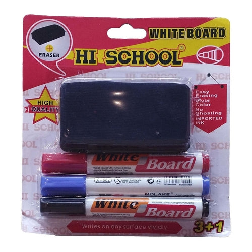 Hi School White Board Markers & Eraser Set, 4Pcs