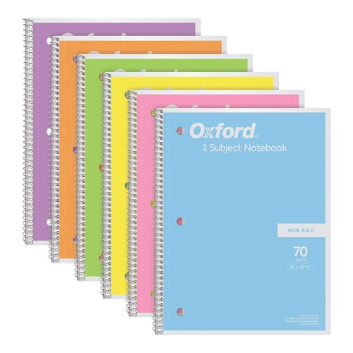 Oxford Spiral Notebook, 1 Subject, 8 x 10-1/2", 70 Sheets, Pack of 6