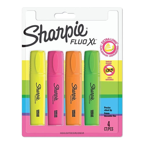 Sharpie FLUO XL Highlighters, Chisel Tip, Pack of 4