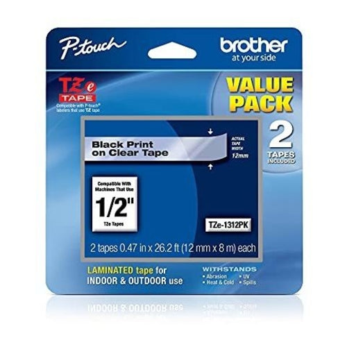 brother Black on Clear Tape Cassette, 0.47" (12mm) x 26.2 ft. (8m), Pack of 2