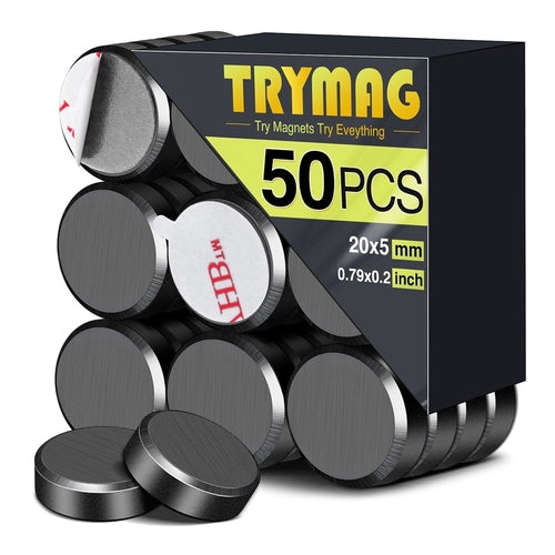 TRYMAG Round Magnets with Adhisive Backing, 0.79" (20mm), Pack of 50