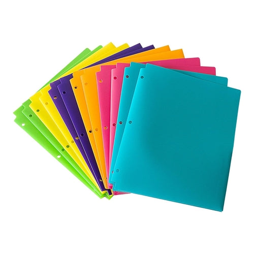 Plastic 3 Hole Punch Folders with 2 Pockets, Pack of 12