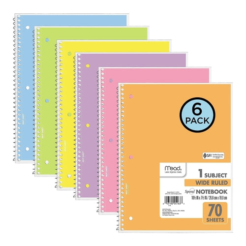 Mead Spiral Notebook, 1 Subject, Wide Ruled, 70 Sheets, 10 1/2" x 7 1/2", Pack of 6