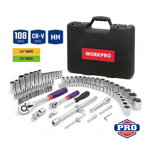 WORKPRO 108Pcs Automotive Tool Kit, 1/4 + 1/2" Drive, WP202535
