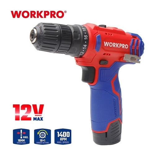 WORKPRO 12V Cordless Percussion Drill, 10mm - 3/8" Chuck, 2 X 2.0AH Batteries, WP460203