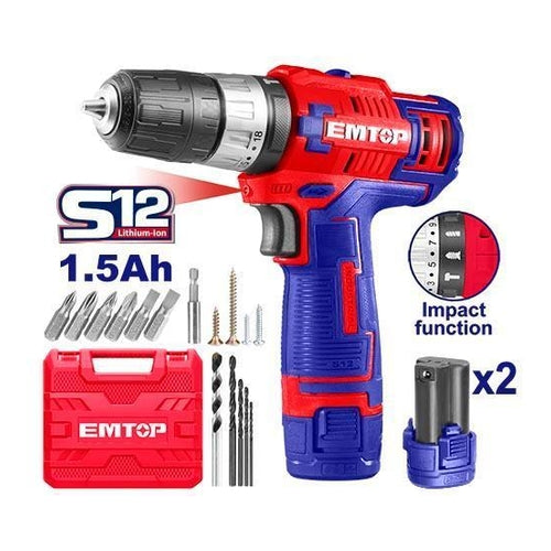 EMTOP S12 Cordless Impact Drill with 50Pcs Accessories, 2 Batteries (1.5Ah), 45NM Torque, ECIDL12622