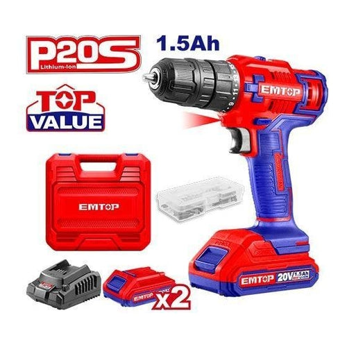 EMTOP P20S Cordless Drill with 47Pcs Accessories, 2 Batteries (1.5Ah), 45NM Torque, ECDL620012