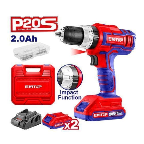 EMTOP P20S Cordless Impact Drill with 50Pcs Accessories, 2 Batteries (2.0Ah), 55NM Torque, ECIDL72003