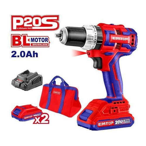 EMTOP P20S Brushless Cordless Impact Drill, 2 Batteries (2.0Ah), 60NM Torque, ECIDL20812