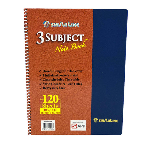 SinarLine Spiral NoteBook, 3 Sections, 120 Sheets, 10.5"x8" (276x 203mm)