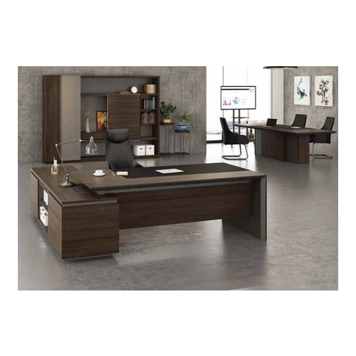 L-Shaped Wooden Executive Office Desk with Drawers & Open Shelf