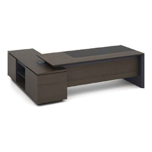L-Shaped Wooden Executive Office Desk with Drawers & Open Shelf