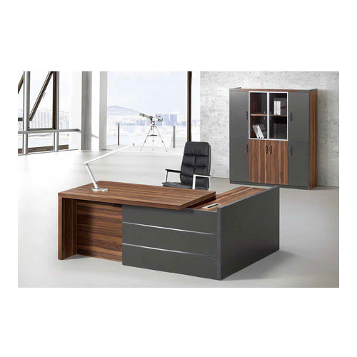 L-Shaped Wooden Executive Office Desk with Drawers & Open Shelf