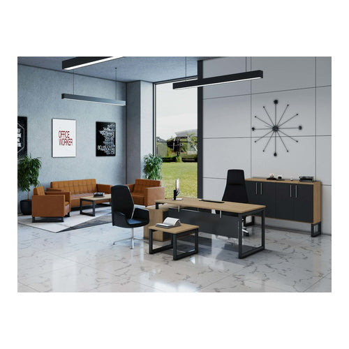 L-Shaped Office Desk with Metal Legs, Drawers & Open Shelf