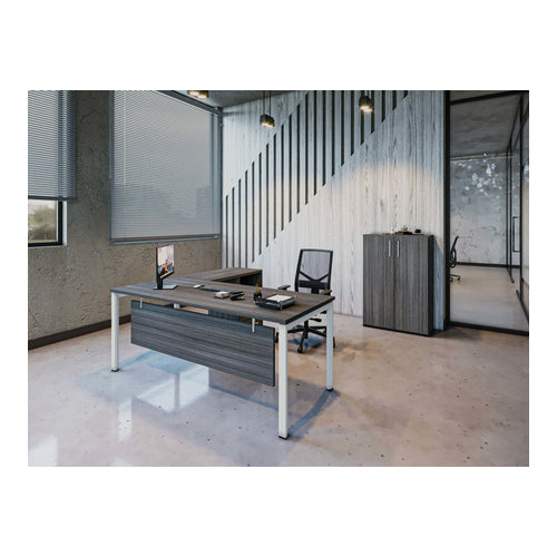 L-Shaped Office Desk with Metal Legs, Drawers & Open Shelf