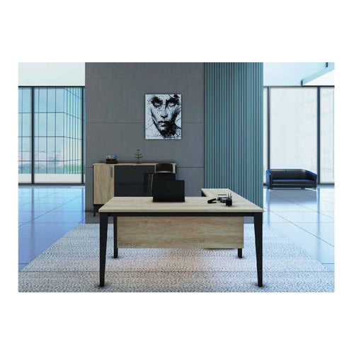 L-Shaped Office Desk with Metal Legs, Drawers & Open Shelf
