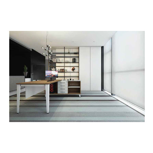 L-Shaped Office Desk with Metal Legs, Drawers & Open Shelf