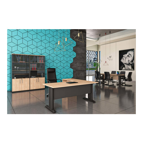 L-Shaped Office Desk with Metal Legs, Drawers & Open Shelf