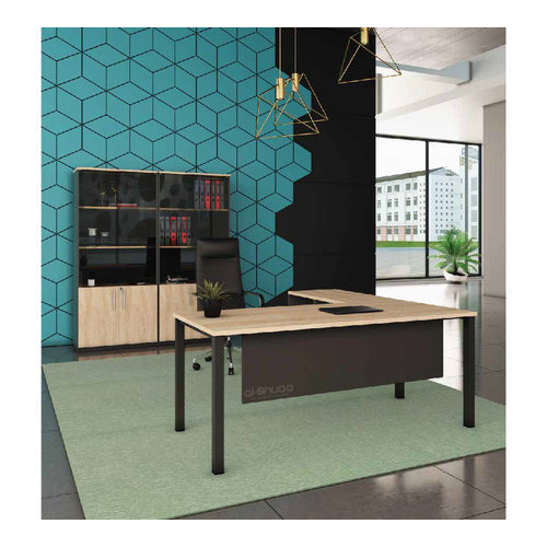 L-Shaped Office Desk with Metal Legs, Drawers & Open Shelf