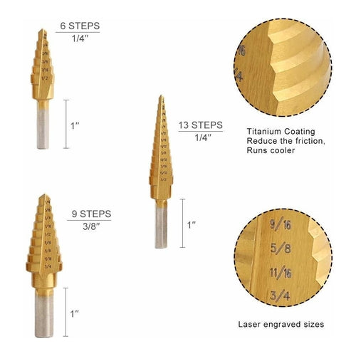 Comoware Step Drill Bit Set, Titanium Coated, 3Pcs