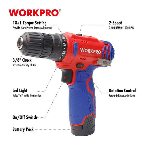 WORKPRO 12V Cordless Percussion Drill, 10mm - 3/8" Chuck, 2 X 2.0AH Batteries, WP460203