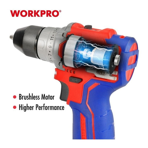 WORKPRO 12V Cordless Percussion Brushless Drill, 10mm - 3/8" Chuck, 2 X 2.0AH Batteries, WP460201