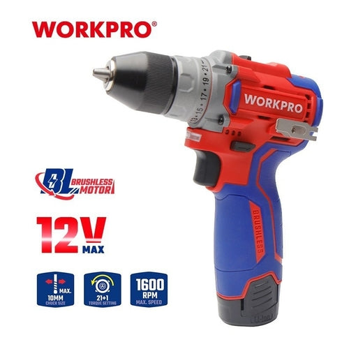 WORKPRO 12V Cordless Percussion Brushless Drill, 10mm - 3/8" Chuck, 2 X 2.0AH Batteries, WP460201