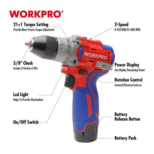 WORKPRO 12V Cordless Percussion Brushless Drill, 10mm - 3/8" Chuck, 2 X 2.0AH Batteries, WP460201