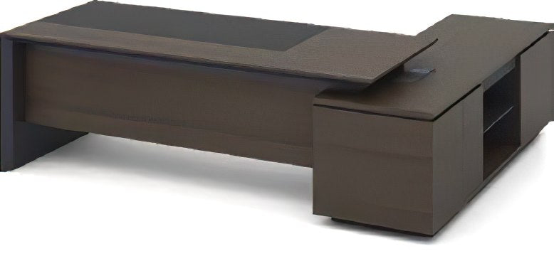 L-Shaped Wooden Executive Office Desk with Drawers & Open Shelf