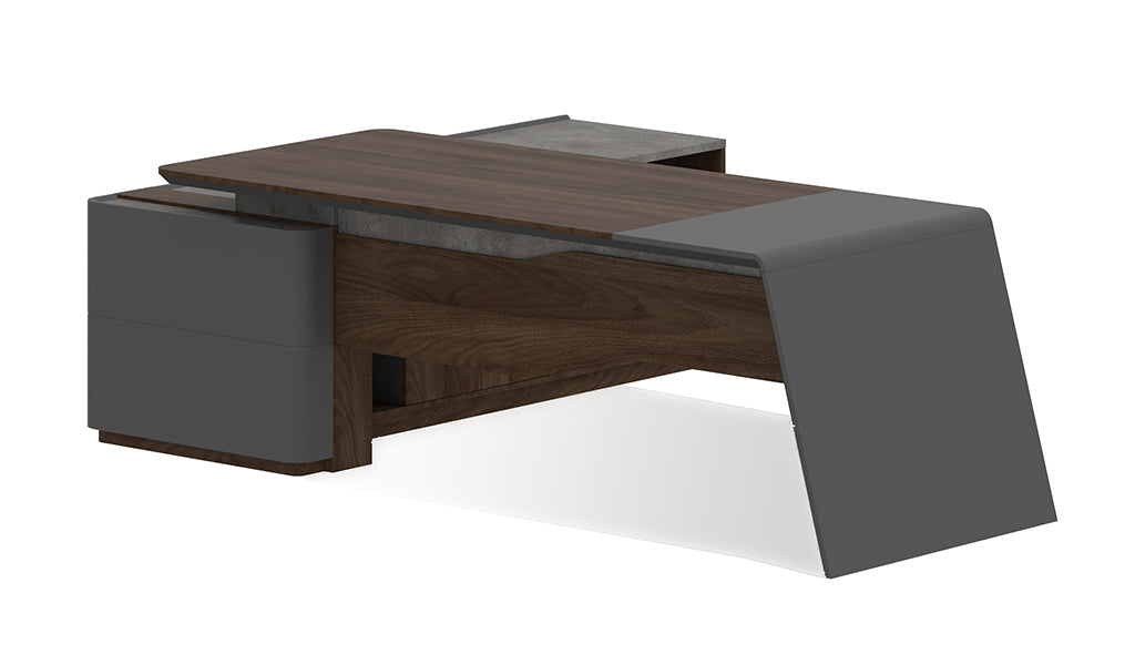 L-Shaped Wooden Executive Office Desk with Drawers & Open Shelf